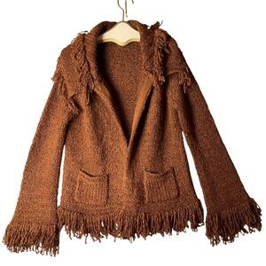 New Port News Brown Fringe Knit Cardigan Sweater XL Boho Western G9506